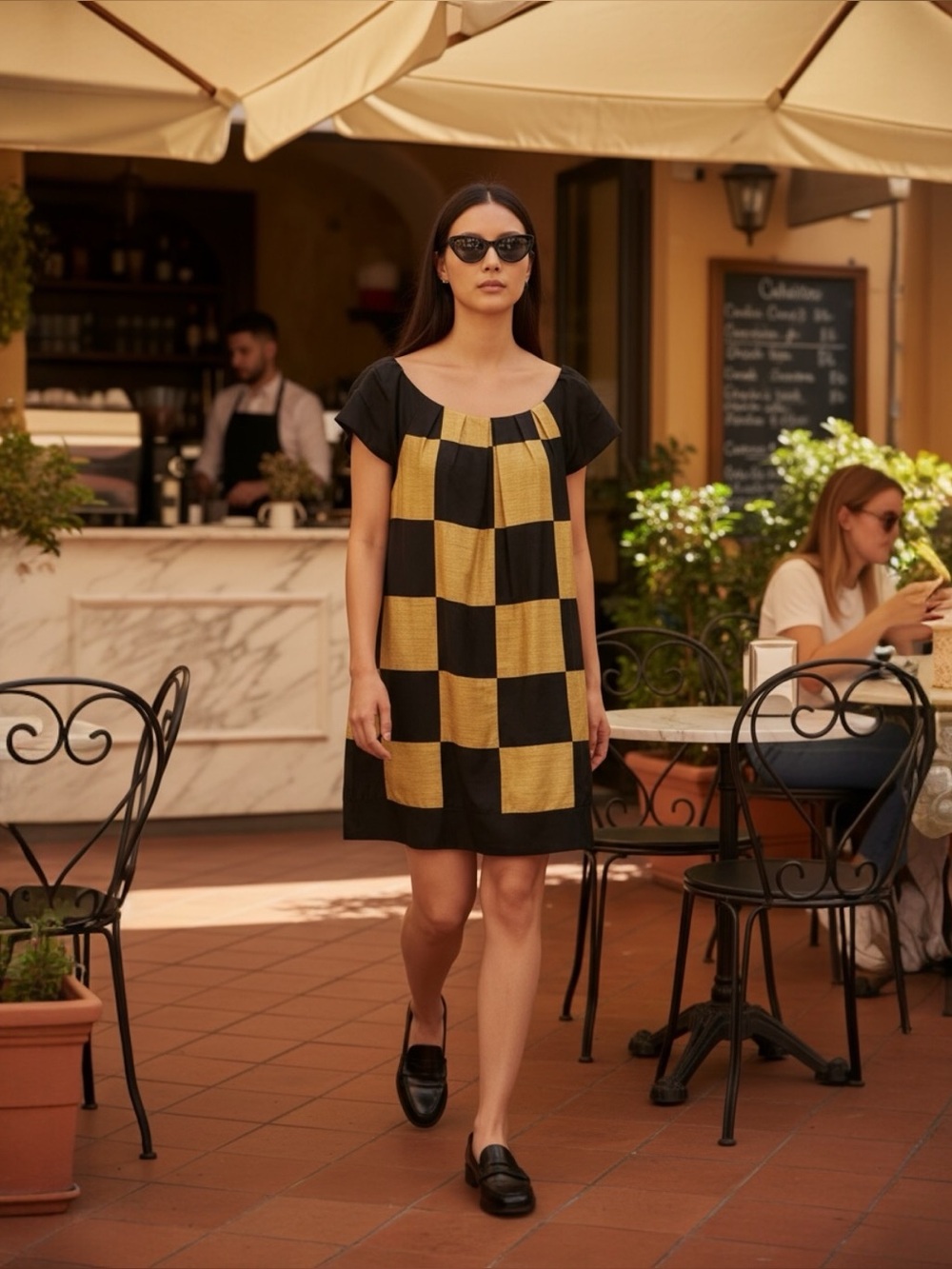 KAS DESIGNS 100% SILK BLACK AND GOLDEN YELLOW COLOR BLOCK SHIFT DRESS SZ MEDIUM